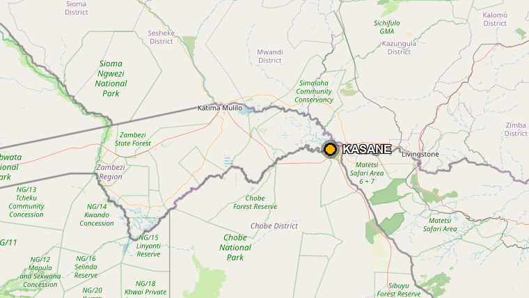 Map showing Kasane on the Chobe River, where Botswana, Namibia, Zambia and Zimbabwe meet